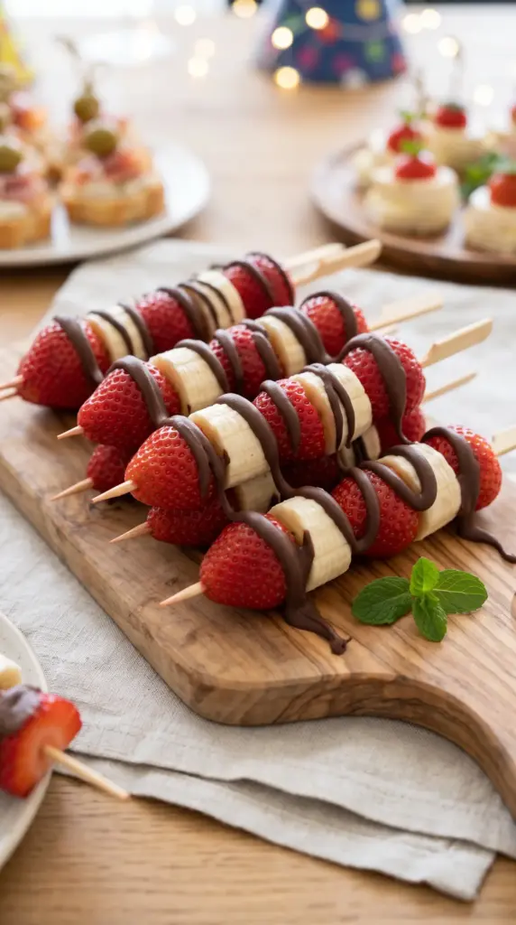 Banana, Strawberry & Dark Chocolate Drizzle Skewers
