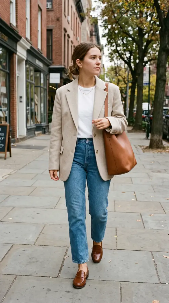 Neutral Blazer with Straight-Leg Jeans