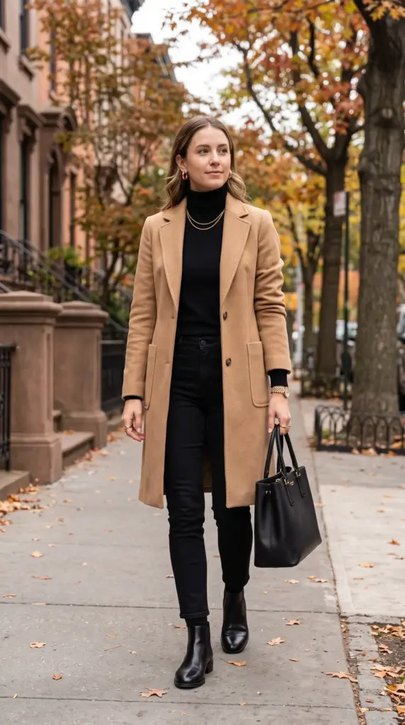 Camel Coat with All-Black Outfit