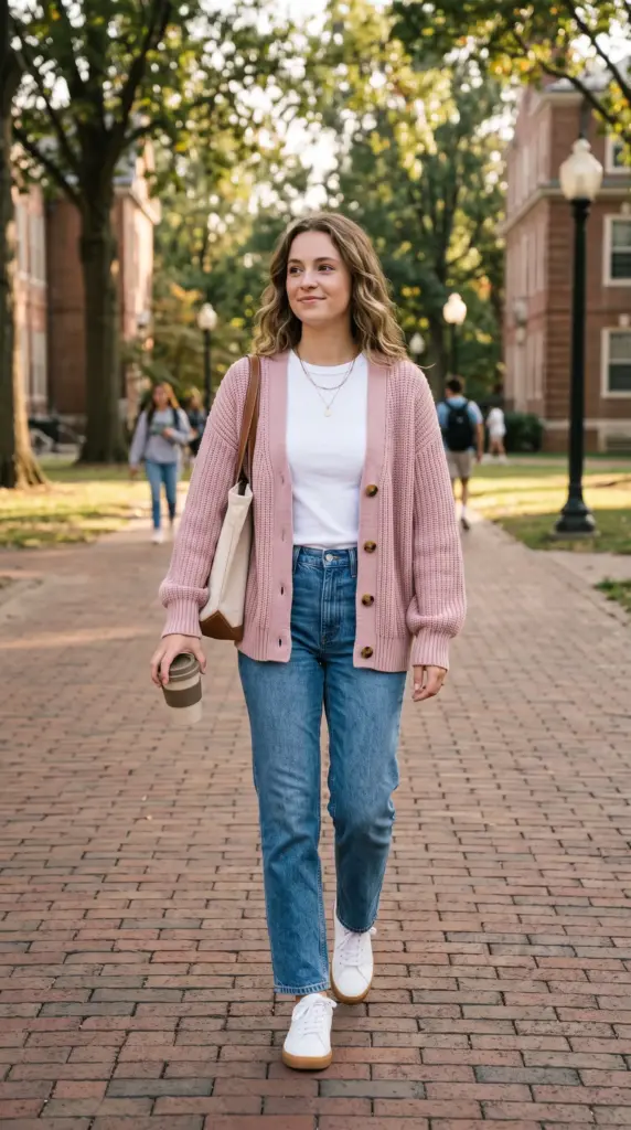 Cardigan Layered Over a Basic Tee