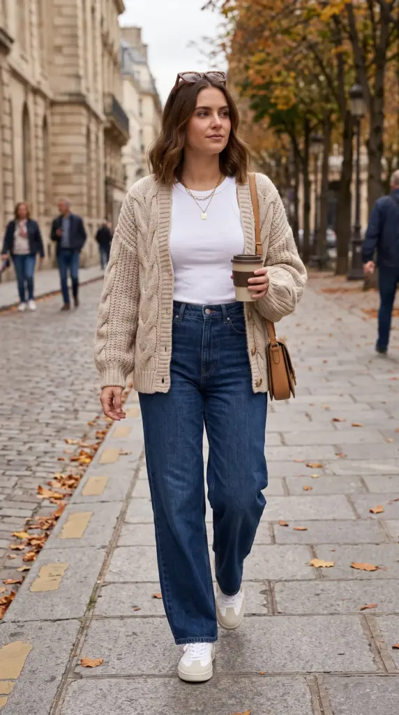 Chunky Knit Cardigan with Wide-Leg Jeans