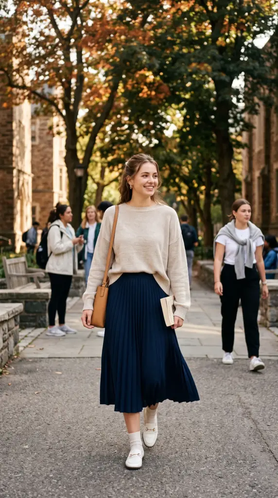 Pleated Skirt with a Knit Sweater