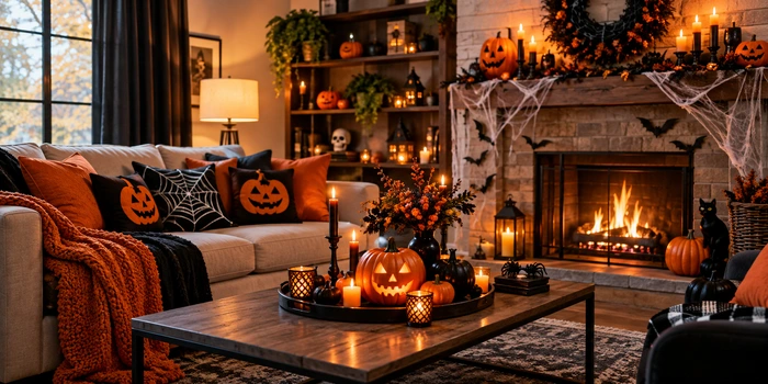 Spooky Halloween living room decor ideas featuring glowing pumpkins, orange and black pillows, spiderweb decorations, flickering candles, and a cozy fireplace with warm Halloween lighting.