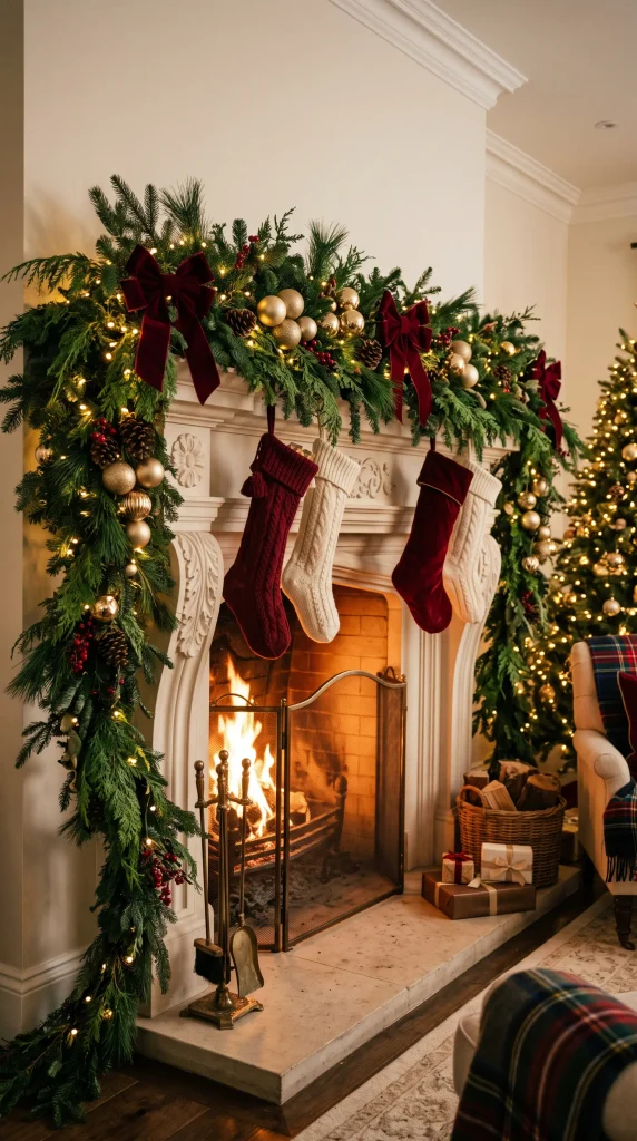 Add a Full Christmas Garland to the Fireplace