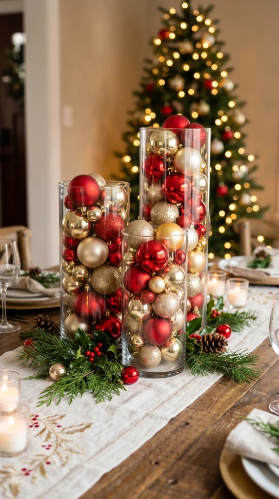 Christmas Ornaments in Glass Vases