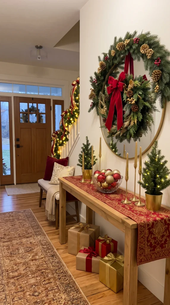 Create a Christmas Entryway with a Red-and-Gold Color Scheme