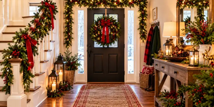 Christmas entryway decorations featuring a festive wreath, a decorated console table, glowing candles, greenery, and elegant holiday accents for a warm and welcoming home.