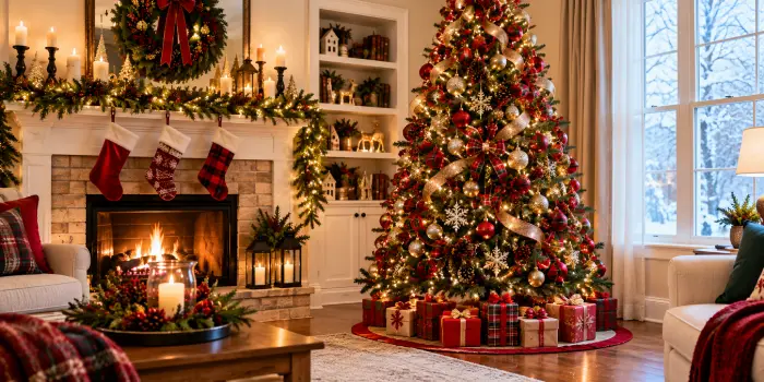 Beautifully decorated Christmas tree featuring sparkling ornaments, warm fairy lights, elegant ribbons, and festive decorations for a cozy holiday hom